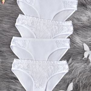 4pcs 여성용 리브드 화이트 레이스 트림 팬티 - 부드럽고 통기성 좋은 속옷, 우아한 디자인의 일상 편안함 & 사계절 착용 가능, 레이스 팬티, 피부 친화적 소재, 쉬운 세탁 원단