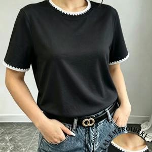 여성 패션 라운드넥 봄/여름 자수 루즈핏 반팔 티셔츠