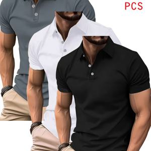 POLO 셔츠 단색 라펠 3종 혼합, 통기성 좋은 속건성 골프 캐주얼 셔츠, 가벼운 탄성 폴리에스터 버튼 디자인, 여름 오피스, 요트 웨어, 데일리 드레스에 적합, 앵커 프린트, 편안한 핏 반팔 탑
