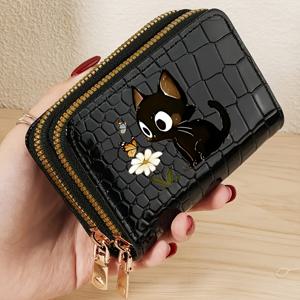 고양이 꽃 패턴 꽃무늬 여성용 멀티 카드 지갑 - 여성용 동전 지갑 카드 홀더 안전한 이중 지퍼 클러치 | 캐주얼 PU 지갑 스타일리시한 수납 가죽 코挥革 카드 가방 여성용 지갑 남녀공용 아내 선물 어머니 선물 친구 선물