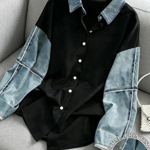 [프린트 팬츠 - 데님 원단 아님] 여성용 Y2K 레트로 캐주얼 루즈핏 긴팔 버튼업 데님 프린트 칼라 셔츠, 야외 레저 산책 및 쇼핑에 적합한 우아한 빈티지 캐주얼 스타일