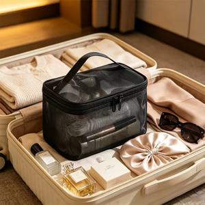 1/2/3단 블랙 메시 메이크업 가방, 접이식 여행용 파우치, 대용량 공간 절약, 여행 가방 보관, 침실, 욕실, 호텔, 기숙사에 적합, 간편하고 우아한 외관, 내구성이 뛰어나고 견고함