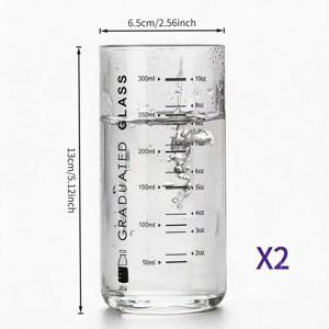 2개 300ml 두꺼운 눈금 유리 측정 컵, 커피 로스팅, 차가운 음료, 주스 & 우유용 스케일 표시 유리 컵
