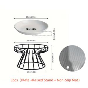 3종 세트: 접시 + 높이 조절 스탠드 + 미끄럼 방지 매트. 금속 철사 스탠드가 있는 높이 조절식 세라믹 고양이 그릇, 들어올린 생선뼈 무늬 반려동물 사료 그릇, 넘어짐 방지 높은 다리형 사료통과 물그릇. 목과 척추 보호, 수염에 편안한 넓은 급식기, 실내 새끼고양이와 고양이용