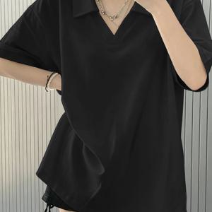 여성용 스트레치 편안한 폴로 카라 반팔 티셔츠, 루즈핏 패치워크 풀오버, 홈 파자마 상의 - 단색 전문점