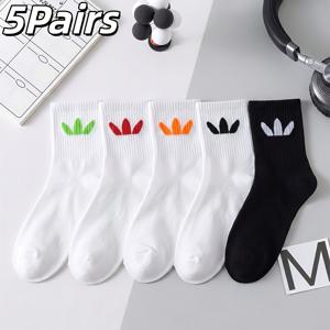 남녀공용 5켤레 팩 컬러풀 클로버 장식, 고탄성 골지 미끄럼 방지 커프스, 통기성 발한 흡수 한국 스타일, 스포츠, 헬스장, 통근용 대비 색상 디자인 양말 (기계 세탁 가능)