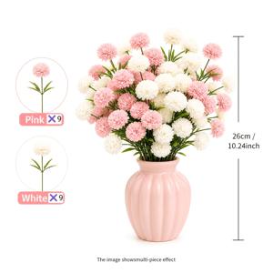 18개 인조 폼폼 꽃, 핑크 및 화이트 모조 카네이션 줄기, 26.01Cm 실물 같은 꽃다발 (가정, 결혼식, 파티, 테이블 장식용), 꽃병 미포함