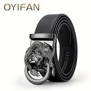 OYIFAN 남성용 빅사이즈 자동 버클 벨트, 가죽 가죽 조절 스트랩, 펑키 드래곤 합금 버클 - 블랙