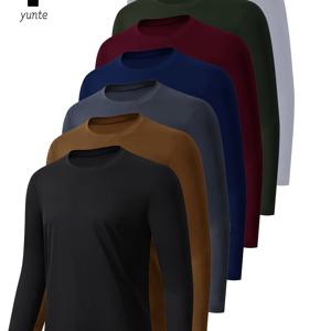 남성용 긴팔 크루넥 셔츠 7피스 세트 - 블랙, 카키, 그레이, 네이비, 버건디, 아미 그린, 화이트 - 빠른 건조 운동복, 캐주얼 아웃도어 웨어, 슬리밍 워크아웃 의류