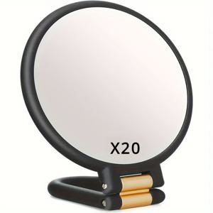 20배 확대 휴대용 메이크업 거울 - 양면 1X/20X, 360° 회전 핸들, 접이식 및 휴대용 여행용, 눈썹 관리, 만화 디자인, 플라스틱 프레임, 배터리 불필요