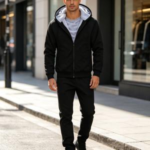 Men's Winter Solid Col Thiened Flee Casual Sptswear Set