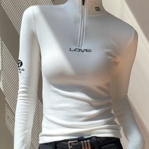 여성용 지퍼업 스탠드 칼라 커브드 긴팔 티셔츠, 세미 하이넥 베이스 레이어 탑