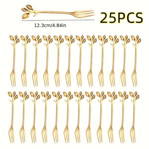 25개 스테인리스 스틸 미니 디저트 포크 세트, 잎사귀 디자인, 미러 폴리싱, 식기세척기 안전 - 파티와 웨딩에 완벽, 과일 포크, 노르딕 스타일, 골드/실버