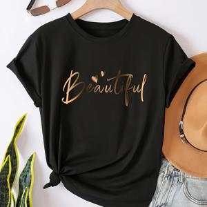 여성용 패셔너블 루즈핏 캐주얼 반팔 티셔츠, 레터 프린트, 라운드 넥, 레귤러 기장, 봄, 여름, 가을용, 폴리에스터 원단, 티셔츠 상의