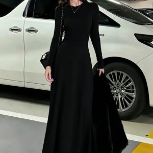 여성 블랙 라운드넥 긴팔 드레스, 봄/가을 스타일 이지 롱 드레스