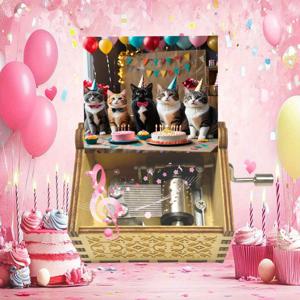 생일 축하를 위한 귀여운 고양이 디자인의 원형 빈티지 나무 뮤직 박스 (손잡이식). 'Happy Birthday' 노래 재생. 가족 및 친구를 위한 완벽한 선물. 생일, 추수감사절, 크리스마스, 새해에 적합.