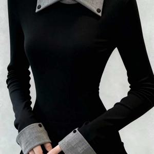 가을/겨울 대비되는 컬러 폴로 칼라 하의 셔츠 여성 디자인 센스 슬리밍 숄더 긴팔 티셔츠 탑