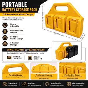 for Dewalt 18V/20V 배터리용 신형 배터리 보관대, 고품질 강화 PC 사출 성형 설계, 동시에 배터리 6개 수납 가능, 내열성 및 내구성, 작업장, 건설 현장, 작업대, 차고 보관, 공구함, 차량용 액세서리에 적합, 배터리 보관함, 충전기 및 배터리 미포함