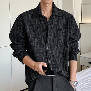 버튼업 셔츠, 남성용 스타일리시하고 트렌디한 긴팔 셔츠, 전체 프린트, 편안한 루즈핏으로 데일리 캐주얼 웨어에 적합