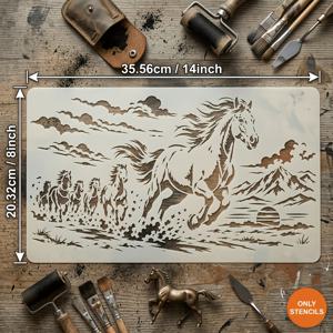 35.56cm X 20.32cm 경마 풍경 테마 재사용 가능한 스텐실, 벽 장식, 집 꾸미기, 캔버스, 미술용 패브リック, 그림, 바닥 타일, 수제 장부, 스크랩북, DIY 프로젝트에 적합, 내구성 있고 재사용 가능한 페인팅 टेম플릿