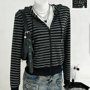 여성용 회색 및 검정 긴팔 루즈핏 골지 지퍼업 스웨트셔츠, 우아하고 귀여움, 졸업, 캐주얼 웨어 및 가을/겨울 데일리룩에 적합