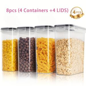 8개 세트 (용기 4개 + 뚜껑 4개) 시리얼 용기 보관 | 밀폐 식품 보관 용기 [2L/70.4Oz], 주방 및 팬트리 정리용으로 적합, 튼튼하고 내구성 좋음 | 투명 플라스틱 용기, 설탕, 밀가루, 스낵, 베이킹 용품 보관에 적합