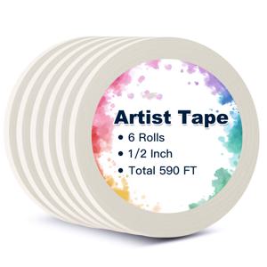 테이프 6롤, 흰색 수채화 테이프 (종이 테두리용), 폭 1/2인치, 총 길이 590피트 아트 테이프, 마스킹, 드래프팅 및 페인팅용 무산 테이프