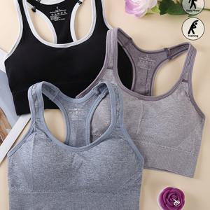 3pcs 세트 여성 트렌디 패션 하이 서포트 스포츠 브라, 할로우 백 탈부착 패딩 스포츠 브라 편안한 데일리 요가 운동 브라 흡습 통기성 스포츠 브라