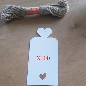 100개 빈 선물 태그 끈 포함, 4x2인치 화이트 종이 태그 호일 로즈 골드 하트, 생일, 샤워, 결혼식, 발렌타인데이 선물 포장 라벨