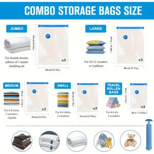 15팩 재사용 가능한 진공 저장 백, 다양한 사이즈 S+M+L+XL+XXL, 옷, 베개, 이불, 담요 등을 위한 플라스틱 직사각형 공간 절약 백, 다용도, 빠르고 편리함