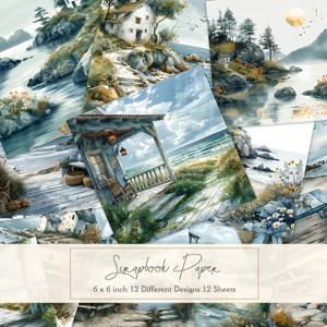 12장 스크랩북 용지, 6×6인치, 12가지 다양한 디자인, 일러스트, 편지 디자인, 배경지, 다이어리용 수제 소재 용지 - 해변의 집과 풍경