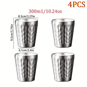 4개 스테인리스 스틸 물컵, 300ml 용량, 이중 레이어 화상 방지 텍스처 컵, 가정 및 레스토랑용 주스 컵/티 컵/음료 컵/맥주 컵, 야외 피크닉 휴대용 음료 용품