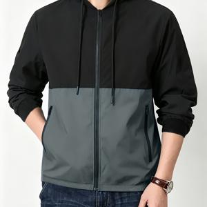 남성 캐주얼 후드 드로스트링 재킷, 컬러 블록 패치워크 긴소매 봄 가을 얇은 코트, 지퍼 클로저 캐주얼 웨어
