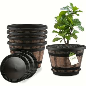 5-세트 휘스키 통 모조 화분 세트 (화분 5개 및 트레이 5개 포함), 10인치 (약 25.4cm), 배수 구멍 및 물받이 트레이 포함, 휘스키 통 디자인 플라스틱 화분, 정원 가꾸기 선물, 홈 데코