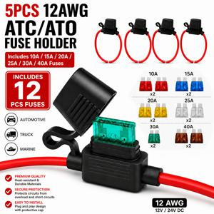 5개입 12AWG 인라인 ATC/ATO 블레이드 퓨즈 홀더 세트, 최대 40A 12V/24V , 구리심선 및 황동 접점, 보호 커버 퓨즈 홀더, 혼합형 10A/15A/20A/25A/30A/40A 블레이드 퓨즈 포함, 자동차 트럭 보트 선박 해양 전기 회로용