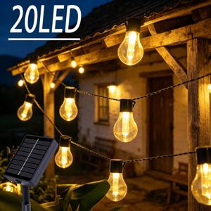 태양광 에디슨 전구 스트링 라이트, 야외 발광 빈티지 조명 스트립, 770cm 40개 LED 조명 (20개 LED 전구 및 20개 에디슨 볼), 야외 분위기 조명, 캠핑 텐트 조명, IP65, 캠핑, 가정, 정원, 휴일에 적합
