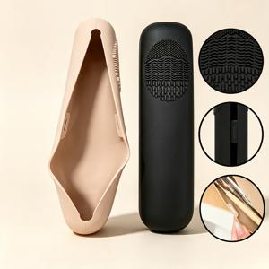휴대용 실리콘 메이크업 브러쉬 보관 케이스 2개, 내장형 브러쉬 클리닝 텍스처 매트 포함, 방진 고품질, 가벼운 무게와 안전한 스냅 잠금장치, 일상 메이크업 및 휴가용 세척 가능, 누드 & 블랙 듀얼 컬러 선택 가능, 간편한 세척