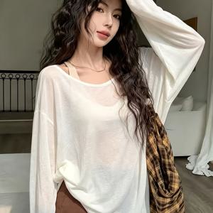 여성용 화이트 얇은 긴팔 오프숄더 티셔츠, 가을 루즈핏 살짝 비치는 커버업, 릴랙스 캐주얼 베이스 레이어 탑