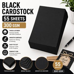 Mandik 고중량 블랙 카드지 55매 - 300gsm 두꺼운 종이, 인쇄, 초대장, 카드 제작, 스크랩북킹, DIY 공예용, 결혼식, 생일, 크리스마스용, 페인팅 및 레이어링용으로 적합