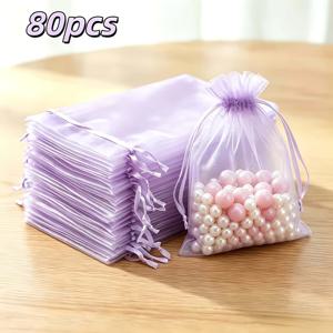 80개입 7X9Cm (3.54X4.72인치) 화이트, 핑크, 퍼플, 스카이 블루, 골든 작은 고급 선물 가방, 드로스트링 잠금으로 편리한 보관 가능. 기념일, 결혼식 파티, 모임 및 선물용으로 적합하며, 사탕, 보석을 채울 수 있습니다.