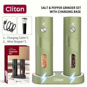 Cliton 충전식 전동 소금 후추 분쇄기 세트, USB-C 자동 스파이스밀, LED 조명 및 조절식 분쇄도, 한 손 조작 투명 양념 셰이커, 가정 요리, 바비큐, 스테이크 샐러드 및 명절 선물을 위한 이상적인 주방 도구