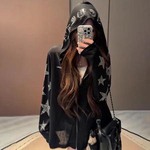 SunburstWonder 여성 봄여름 아우터 별 핫픽스 후드 집업 아우터 블라우스 긴팔 얇은 통기성 루즈