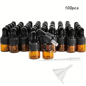 50개/100개 암버 유리 드로퍼 병: 여행 샘플용 유리 눈방울이 있는 1ml 미니 에센셜 오일 병 - 손세척만, 향수 없음, 유리 재질 - 자외선 보호