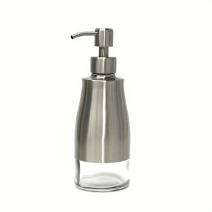 1개 300ml 스테인리스 스틸 비누 디스펜서, 투명 유리 본체, 욕실용 독립형 카운터탑 로션 펌프 병, 프탈레이트 프리 소재, 전기 필요 없음, 브러시드 메탈 마감과 투명 베이스의 모던 디자인, 호텔 샤워 젤, 비누 또는 가정용으로 이상적