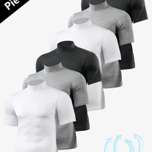 남성용 신상 봄/여름/가을 미국 스타일 캐주얼 하이넥 반팔 티셔츠 6종 세트, 단색, 신축성 좋은 슬림핏 베이스 레이어, 피트니스 및 러닝 트렌드