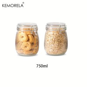 KEMORELA 밀폐용기 유리병 뚜껑 세트 2개, 뚜껑 있는 유리 보관 용기, 대형 유리 통, 통조림, 밀가루, 파스타, 커피콩, 시리얼, 쌀, 피클용 줄무늬 클립 잠금 병