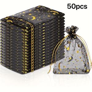 달과 별 거즈 巾끈 선물 가방 50/100개 - 파티 답례품, 주얼리, 화장품에 완벽하게 적합 - 결혼식 및 생일 선물 가방, 크리스마스, 새해, 할로윈을 위한 이상적인 선택