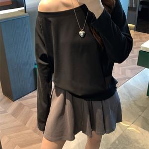 여성용 블랙 루즈핏 오프숄더 긴팔 티셔츠, 베이스 레이어 탑으로 완벽.