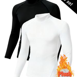 남성용 스포츠 압축 셔츠 2pcs, 안감 처리된 긴팔 세미 하이넥 티셔츠, 가을/겨울용 보온 탄력성 피부 친화적 트레이닝 피트니스 베이스 레이어, 세탁기 사용 가능