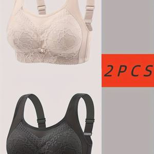 2개입 슬림한 처진 방지 사이드 서포트 브라렛, 와이어프리 레이스 푸쉬업 브라, 편안하고 통기성 좋은 여성용 오픈백 속옷